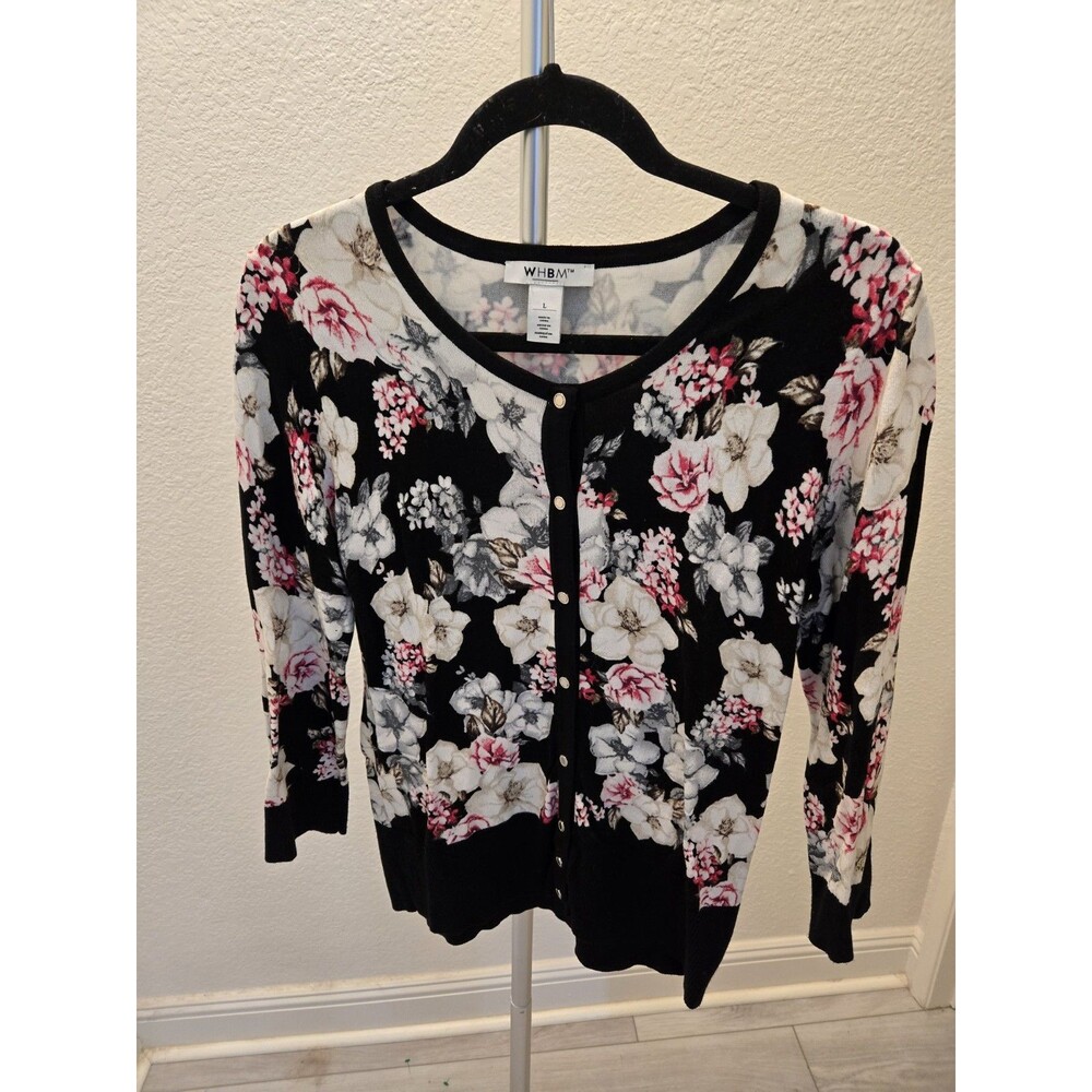 White House Black Market WHBM Floral Button Cardigan Sweater Black Pink Women L